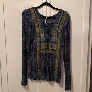 Paisley print long sleeve lace up shirt